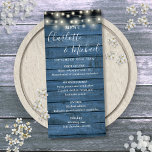 String Lights Rustic Blue Wood Wedding Menu<br><div class="desc">Rustic wedding menu card featuring pretty string lights and signature style names,  this stylish menu card can be personalised with your information in chic white lettering on a blue wood panels background. Designed by Thisisnotme©</div>