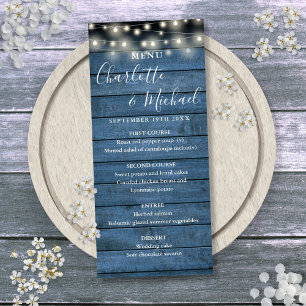 String Lights Rustic Blue Wood Wedding Menu