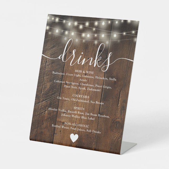 String Lights Rustic Boho Barn Wood Drinks Menu Pedestal Sign (Front)
