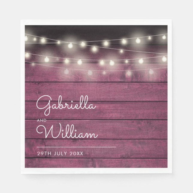 String Lights Rustic Burgundy Red Wood Script Napkin (Front)