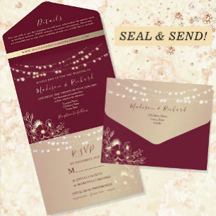 String Lights Rustic Burgundy Wedding All In One Invitation