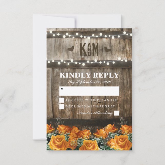 String Lights | Rustic Country Barrel Wedding RSVP Card (Front)