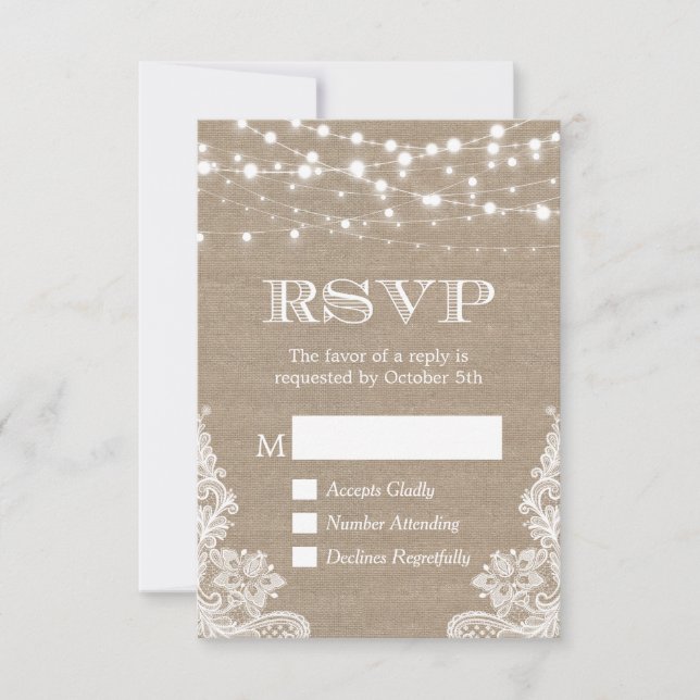 String Lights Rustic Country Burlap Lace RSVP Card (Front)