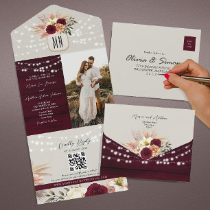 String Lights Rustic Floral Burgundy Wedding All In One Invitation