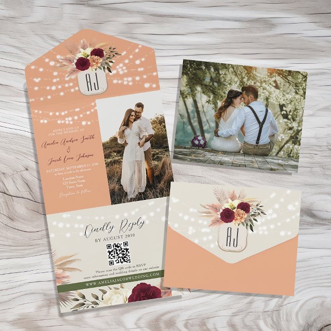 String Lights Rustic Floral Wedding QR Code All In One Invitation (Creator Uploaded)