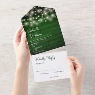String Lights Rustic Green Wood Monogram Wedding All In One Invitation