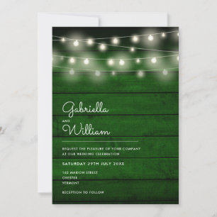 String Lights Rustic Green Wood Wedding Invitation