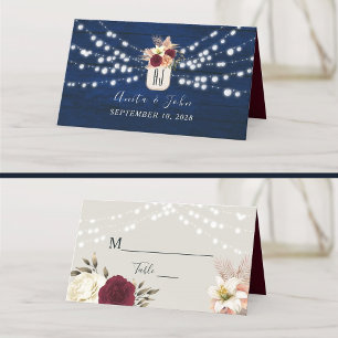 String Lights Rustic Navy Blue Wedding Place Card