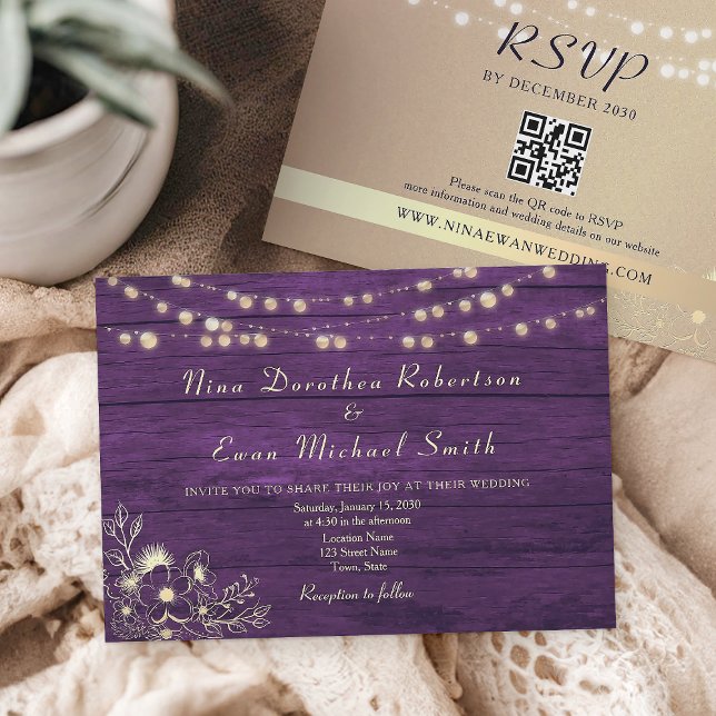 String Lights Rustic Purple Wedding All in One Invitation (Creator Uploaded)