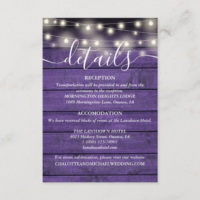String Lights Rustic Purple Wood Wedding Details Enclosure Card (Front)