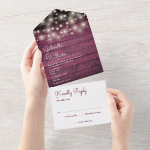 String Lights Rustic Red Wood Monogram Wedding All In One Invitation