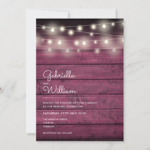 String Lights Rustic Red Wood Wedding Invitation