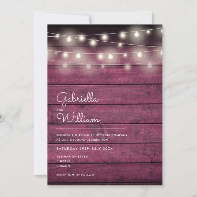 String Lights Rustic Red Wood Wedding Invitation (Front)