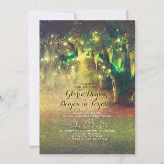 string lights rustic tree vintage wedding invites (Front)