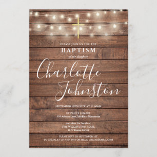 String Lights Rustic Wood Baptism Christening Invitation