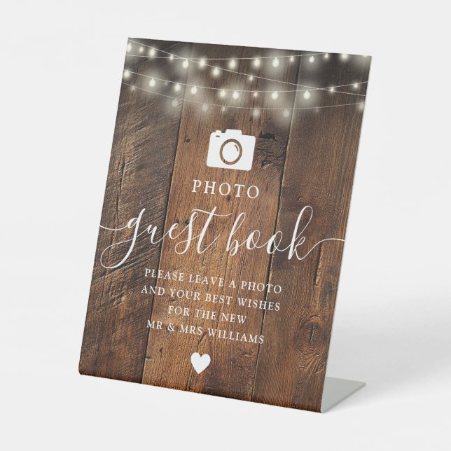 String Lights Rustic Wood Barn Photo Guest Book Pedestal Sign (Front)