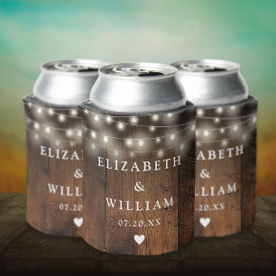 String Lights Rustic Wood Boho Barn Wedding Can Cooler