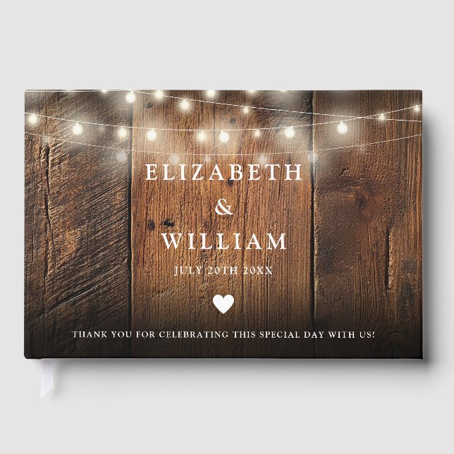 String Lights Rustic Wood Boho Barn Wedding Guest Book (Front)