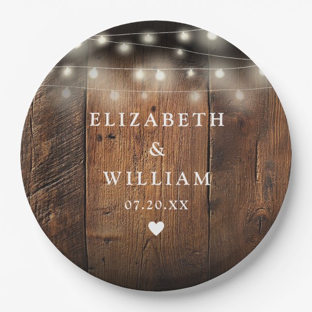 String Lights Rustic Wood Boho Barn Wedding Paper Plate (Front)