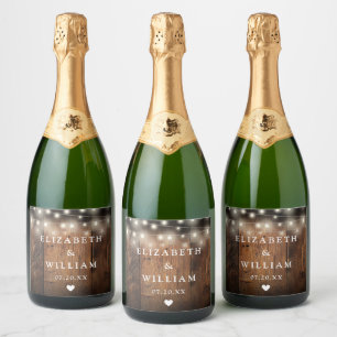 String Lights Rustic Wood Boho Barn Wedding Sparkling Wine Label