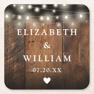 String Lights Rustic Wood Boho Barn Wedding Square Paper Coaster