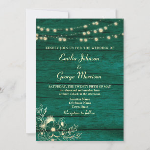 String Lights Rustic Wood Emerald Green Wedding Invitation