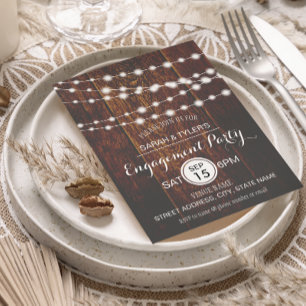 String Lights Rustic Wood Engagement Party Invites