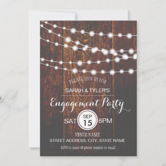 String Lights Rustic Wood Engagement Party Invites