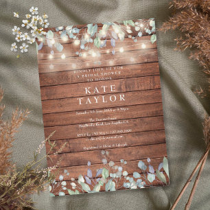 String Lights Rustic Wood Floral Bridal Shower Invitation