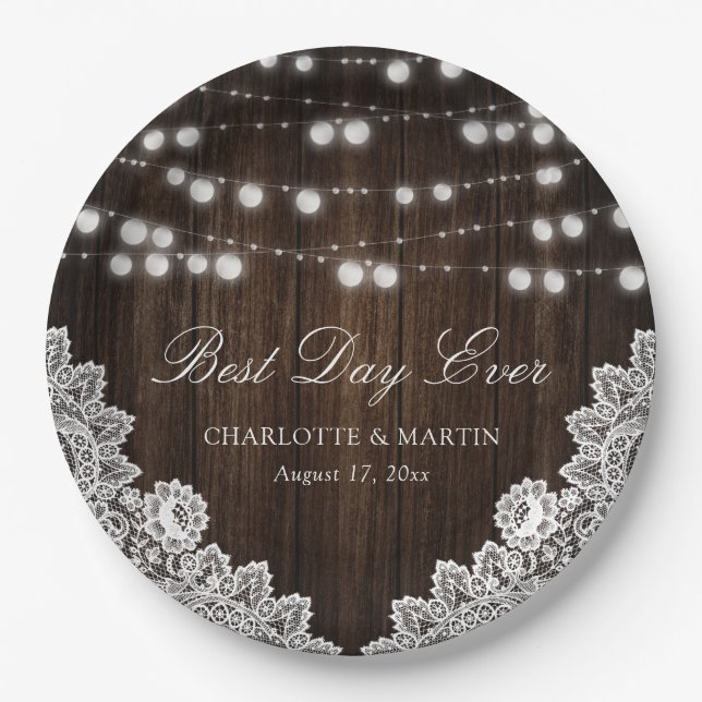 String Lights Rustic Wood Floral Lace Wedding Paper Plate (Front)