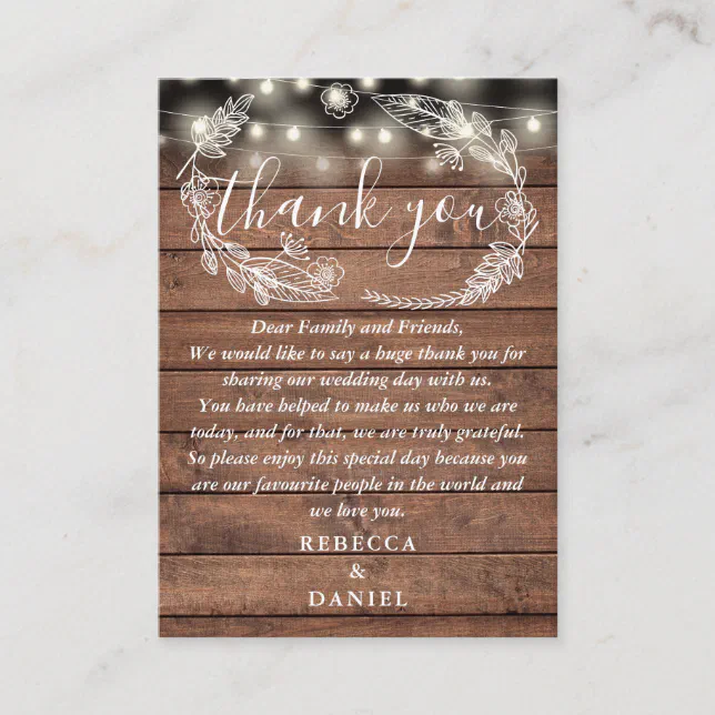 String Lights Rustic Wood Floral Wedding Thank You Place Card | Zazzle