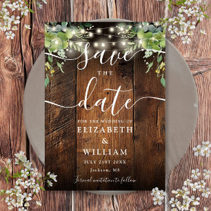 String Lights Rustic Wood Greenery Wedding Save The Date