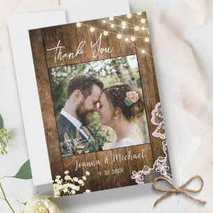 String Lights Rustic Wood & Lace Wedding Thank You Card