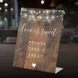 String Lights Rustic Wood Love Is Sweet Favor Pedestal Sign
