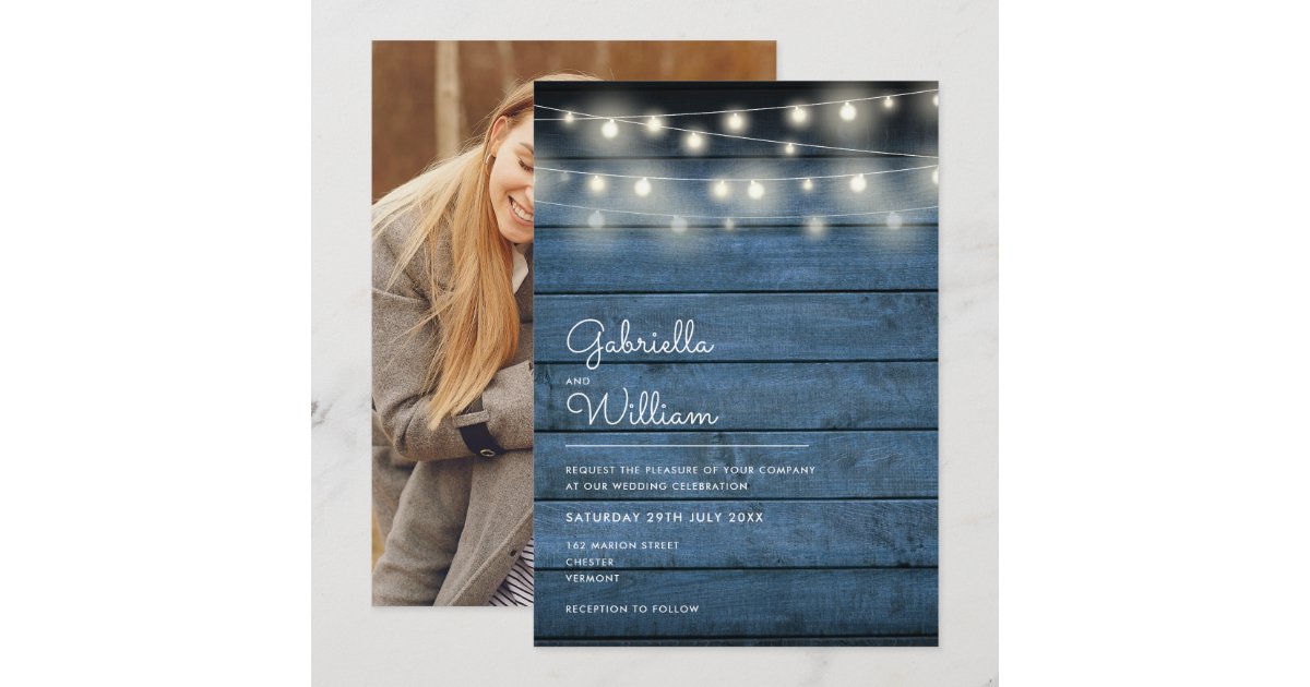 String Lights Rustic Wood Navy Blue Photo Wedding Invitation | Zazzle