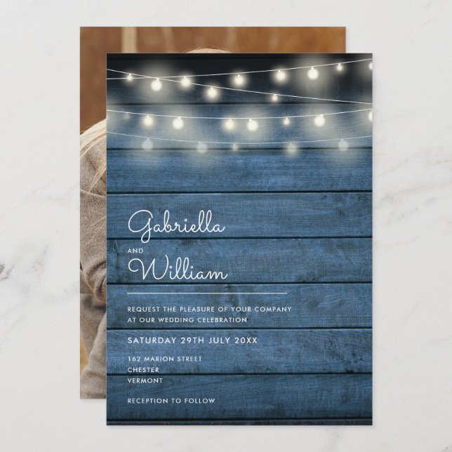 String Lights Rustic Wood Navy Blue Photo Wedding Invitation (Front/Back)