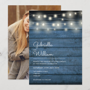String Lights Rustic Wood Navy Blue Photo Wedding Invitation
