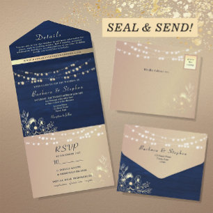 String Lights Rustic Wood Navy Blue Wedding All In One Invitation