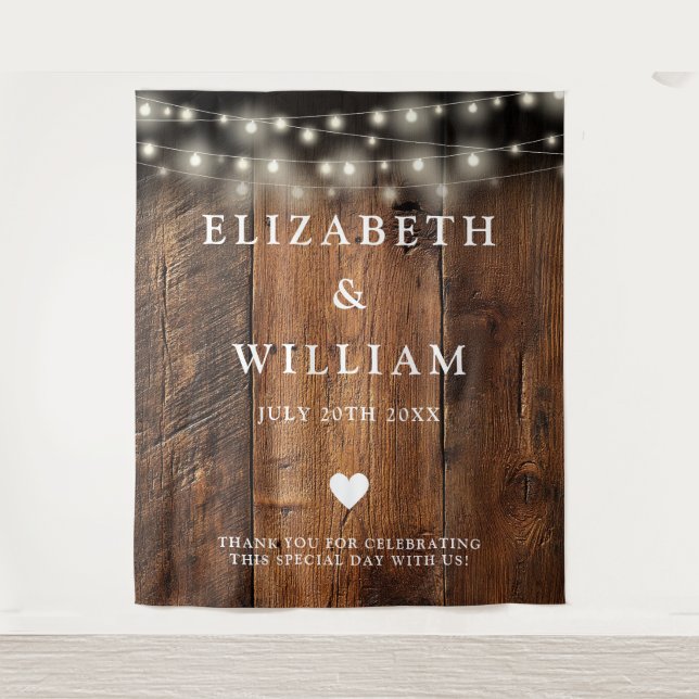 String Lights Rustic Wood Photo Booth Backdrop Tapestry (Front)