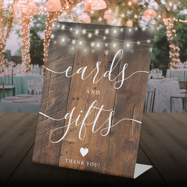 String Lights Rustic Wood Script Cards And Gifts Pedestal Sign (String Lights Rustic Wood Script Cards And Gifts Pedestal Sign)
