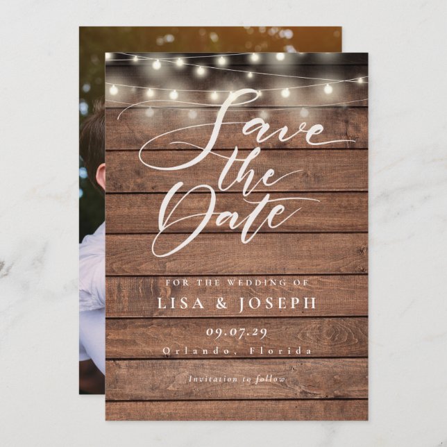 String Lights Rustic Wood Script Photo Wedding Save The Date (Front/Back)