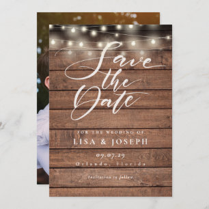String Lights Rustic Wood Script Photo Wedding Save The Date
