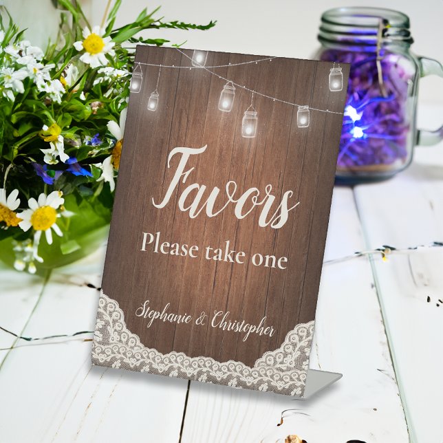 String Lights Rustic Wood Script Wedding Favours Pedestal Sign (wedding favors sign
)