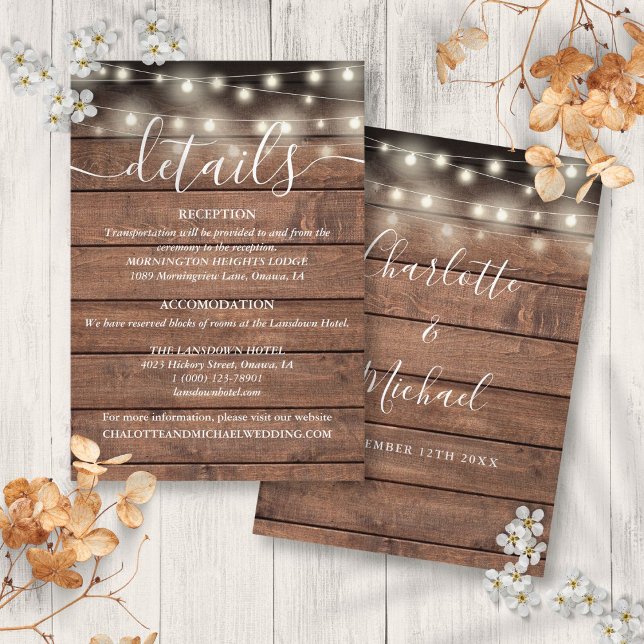 String Lights Rustic Wood Wedding Details Enclosure Card (String Lights Rustic Wood Wedding Details Enclosure Card)