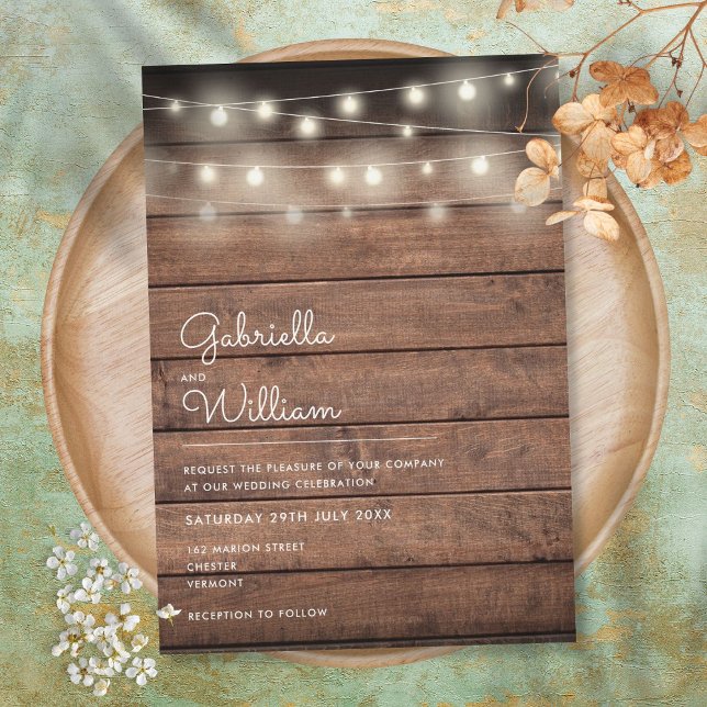 String Lights Rustic Wood Wedding Invitation (Creator Uploaded)
