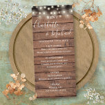 String Lights Rustic Wood Wedding Menu<br><div class="desc">Rustic wedding menu card featuring pretty string lights and signature style names,  this stylish menu card can be personalised with your information in chic white lettering on a wood panels background. Designed by Thisisnotme©</div>