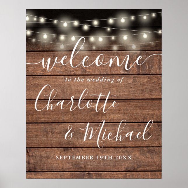 String Lights Rustic Wood Wedding Welcome Sign (Front)