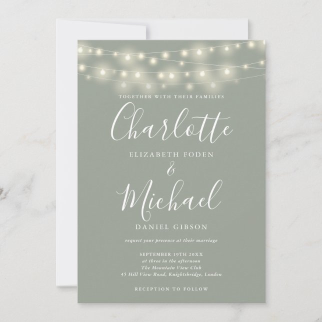 String Lights Sage Green Elegant Script Wedding  Invitation (Front)