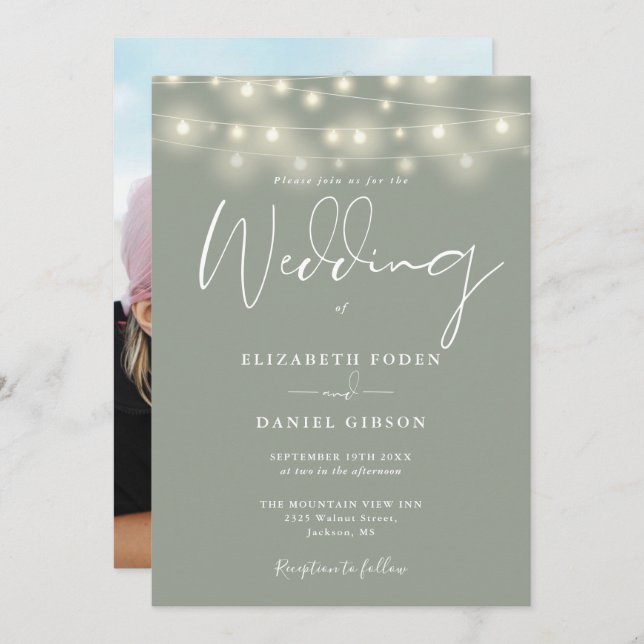 String Lights Sage Green Photo Wedding Invitation (Front/Back)