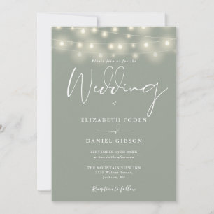 String Lights Sage Green QR Code Wedding Invitation
